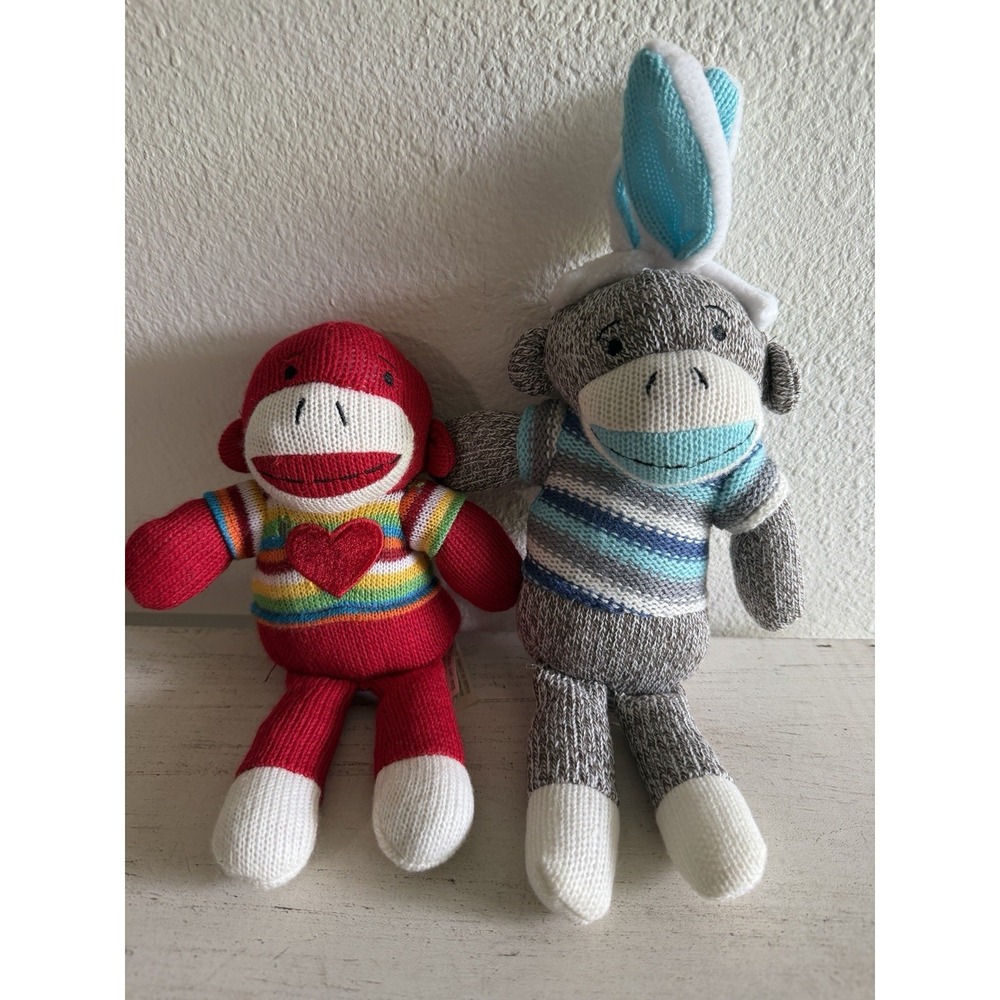 SOCK MONKEY w/Bunny Rabbit Ears light blue striped shirt 10" & Red Dan Dee plush